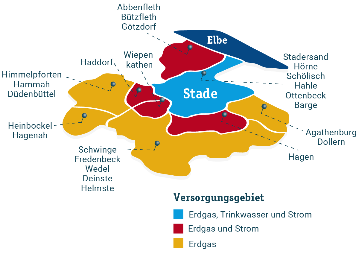 Das Strom, Gas und Wasserversorgungsgebiet der Stadtwerke Stade